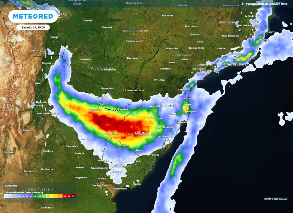 Mapa de probabilidade de precipitação para a tarde de sábado (24), segundo o modelo ECMWF.