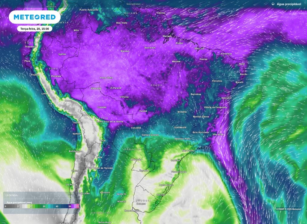 Água precipitável disponível na atmosfera para a tarde de terça-feira (20).