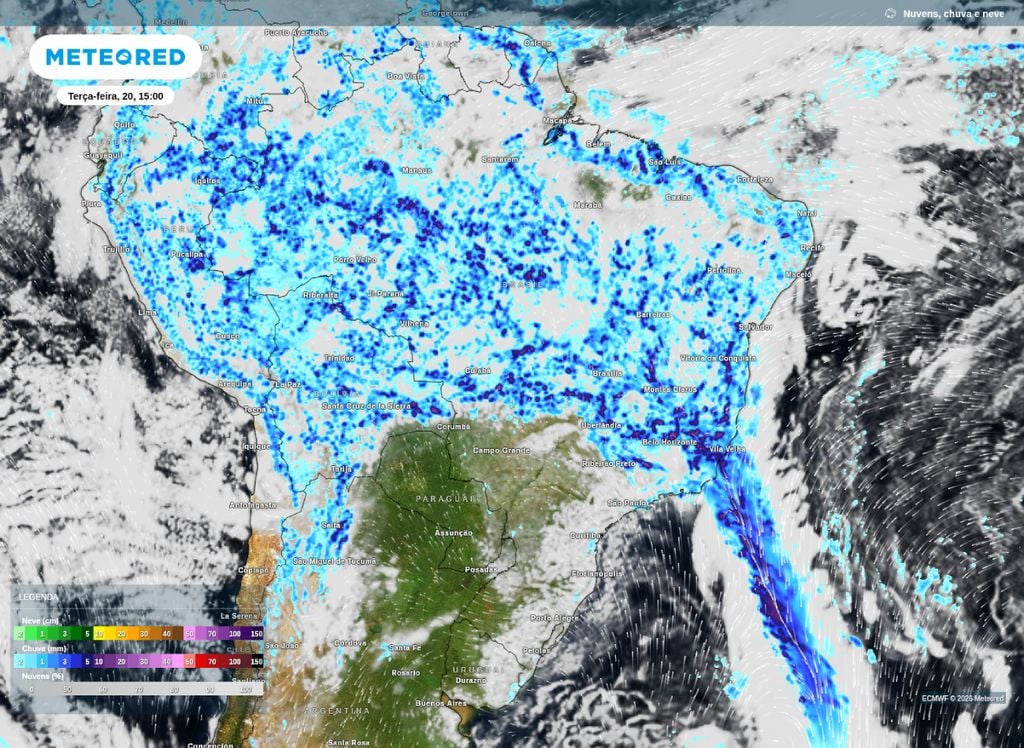 Previsão de chuva para a tarde de terça-feira (20), segundo o modelo ECMWF.