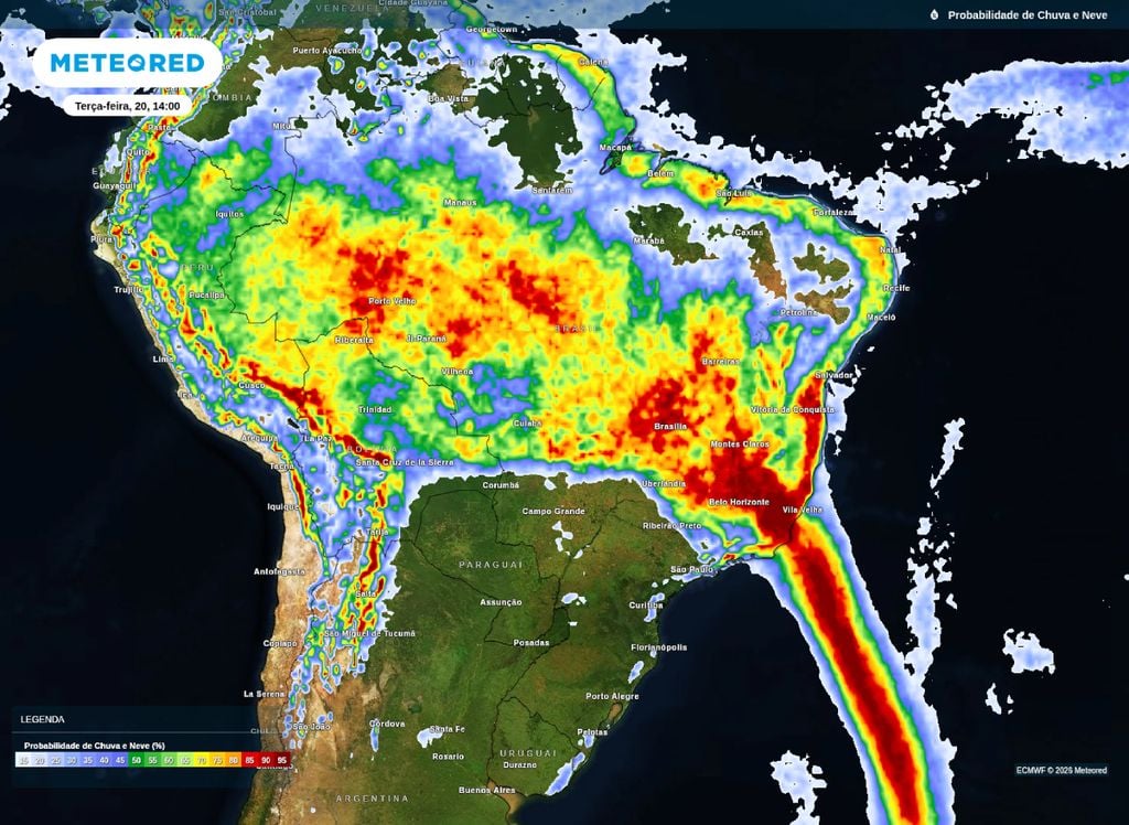 Probabilidade de precipitação para a tarde de terça (20).
