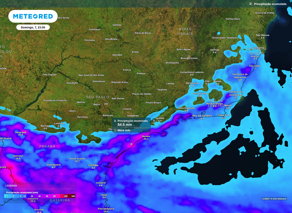 Precipitação acumulada prevista entre sexta-feira (5) e domingo (7).