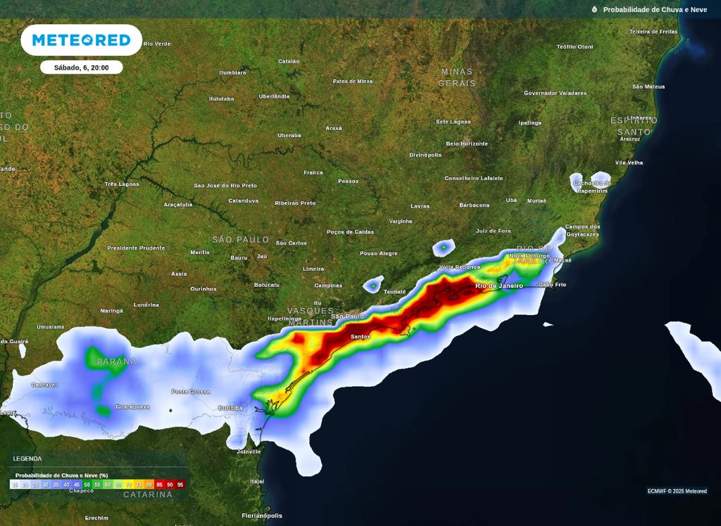 Probabilidade de precipitação sobre o Sudeste do Brasil para a noite de sábado (6).