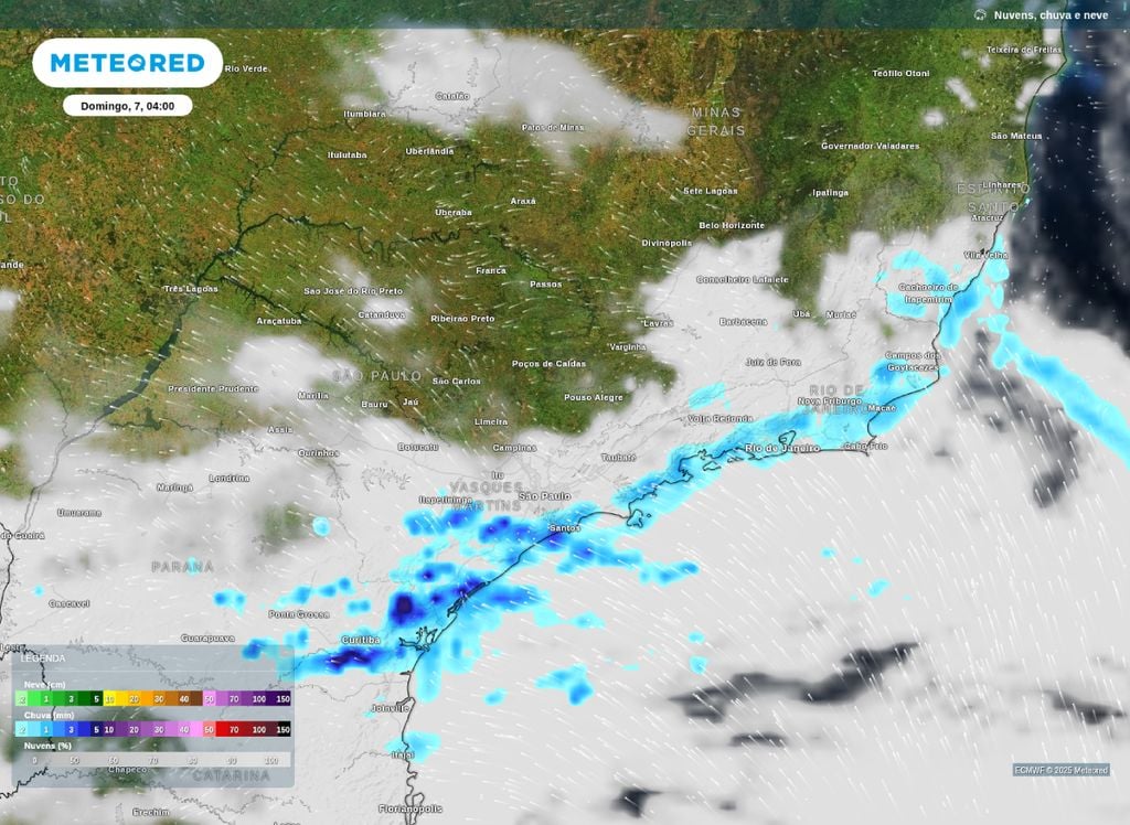 Precipitação e nebulosidade prevista para a madrugada de domingo (7).