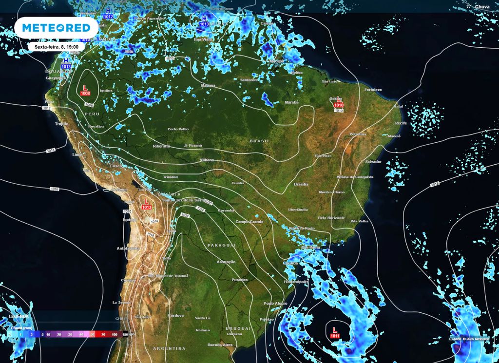 Mapa de precipitação e pressão a nível médio do mar para esta sexta-feira (8).
