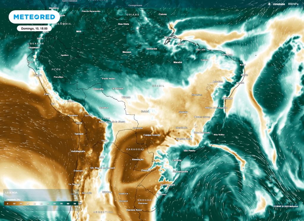 Mapa de umidade do ar e ventos em 850 hPa para a tarde de domingo (10).
