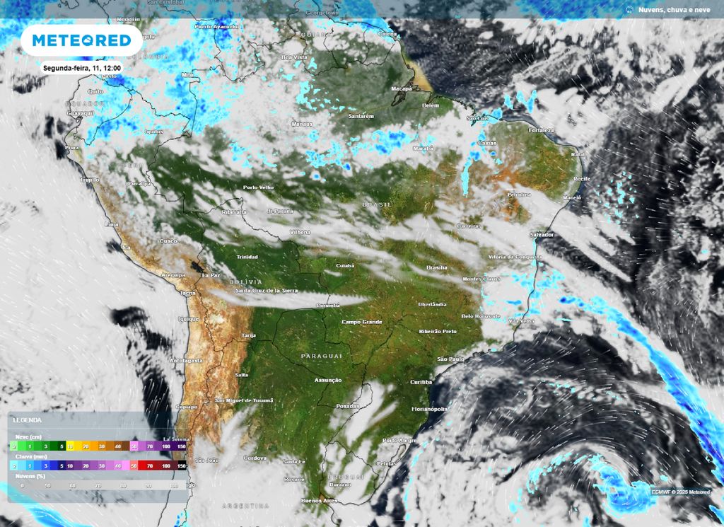 Mapa de nebulosidade e precipitação para segunda-feira (11).