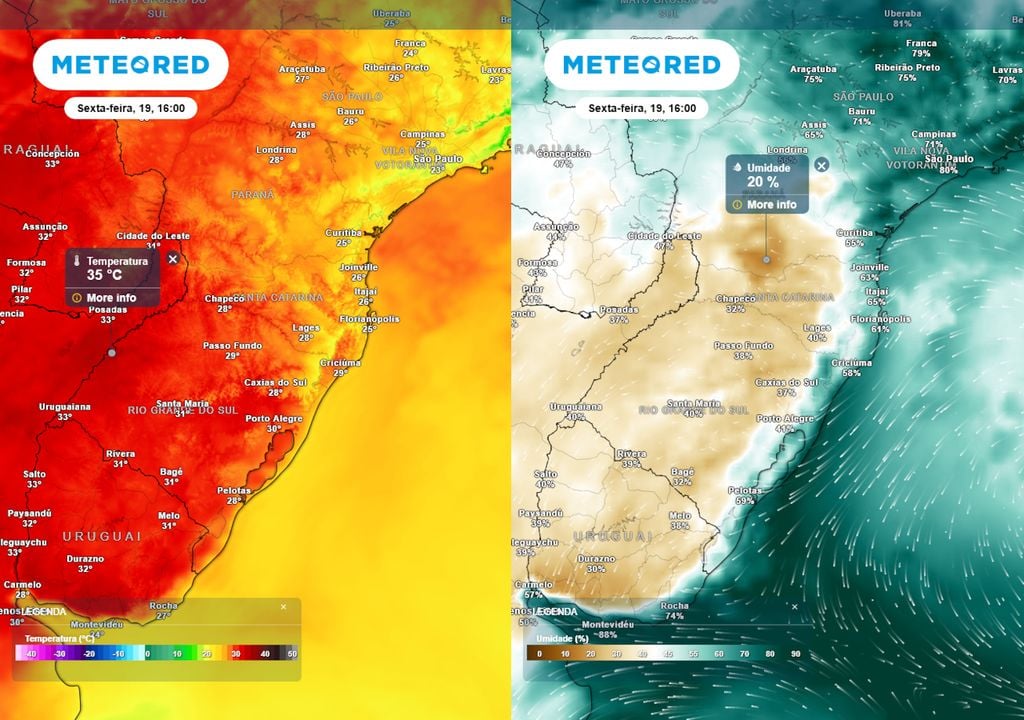 Previsão de temperatura máxima e umidade relativa mínima na sexta-feira. Previsão de temperatura máxima e umidade relativa mínima na sexta-feira.