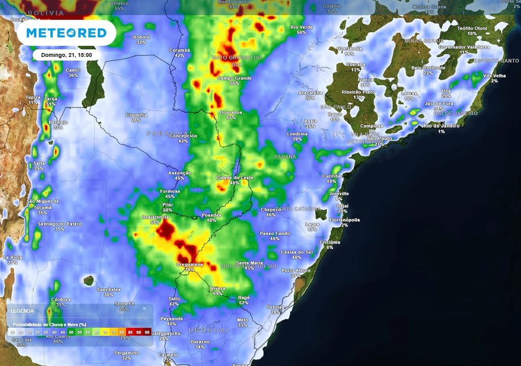 Previsão de probabilidade de chuva no domingo durante a tarde. Previsão de probabilidade de chuva no domingo durante a tarde.