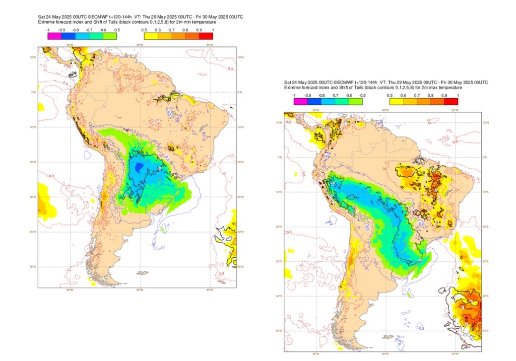 EFI para temperatura mínima (esquerda) e máxima (direita) entre quinta (29) e sexta-feira (30). Créditos: ECMWF. EFI para temperatura mínima (esquerda) e máxima (direita) entre quinta (29) e sexta-feira (30). Créditos: ECMWF.