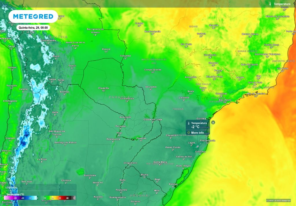 Previsão de temperatura mínima quinta-feira (29), de acordo com o ECMWF. Previsão de temperatura mínima quinta-feira (29), de acordo com o ECMWF.