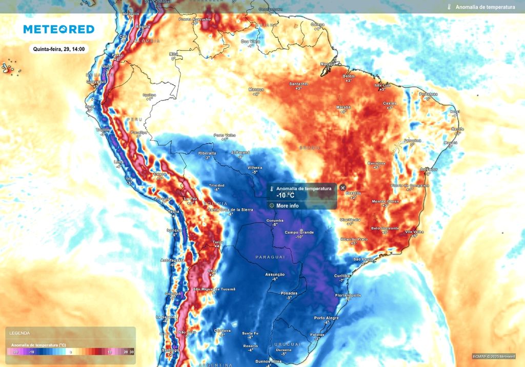 Previsão de anomalia de temperatura para a tarde de quinta-feira (29), de acordo com o modelo ECMWF. Previsão de anomalia de temperatura para a tarde de quinta-feira (29), de acordo com o modelo ECMWF.
