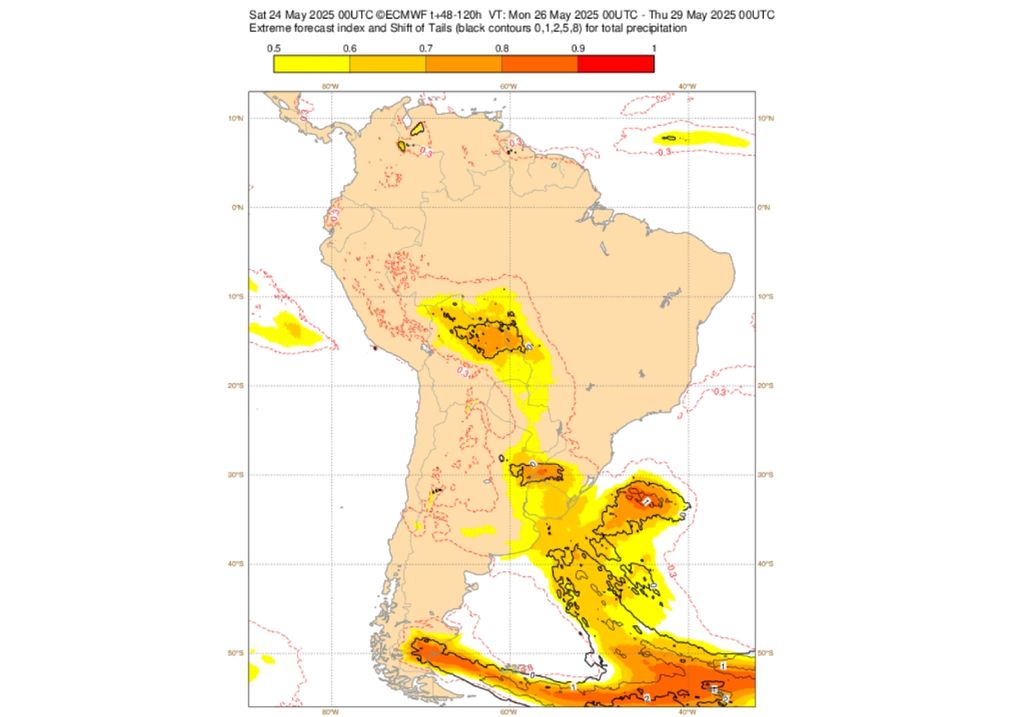 Índice de previsão extrema (EFI) do ECMWF alerta para evento incomum de precipitação entre o Mato Grosso e Roraima entre segunda e quinta-feira. Créditos: ECMWF. Índice de previsão extrema (EFI) do ECMWF alerta para evento incomum de precipitação entre o Mato Grosso e Roraima entre segunda e quinta-feira. Créditos: ECMWF.