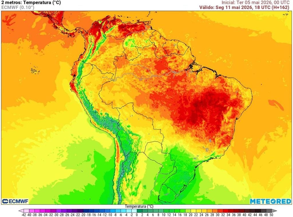 Previsão da temperatura do ar (em °C) em 2 metros para segunda-feira (11) às 15h, mostrando que as temperaturas em SP ainda ficarão baixas no início da próxima semana.