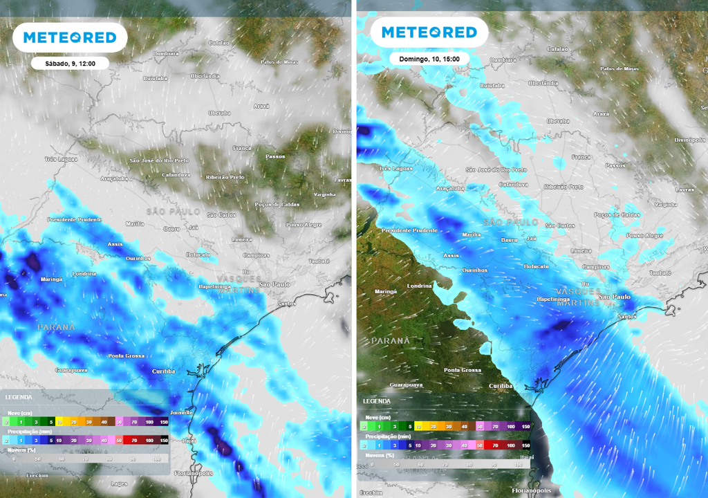 Previsão de precipitação (em mm) e nebulosidade para sábado (9) às 12h à esquerda e domingo (10) às 15h à direita, segundo o modelo europeu ECMWF.