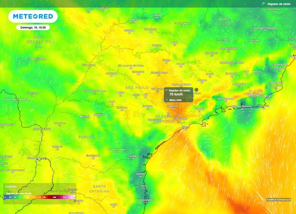 Previsão de rajadas de vento (em km/h) para a tarde (15h) do domingo (10), segundo o modelo europeu ECMWF.