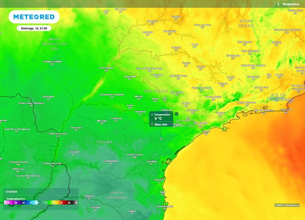 Previsão da temperatura do ar (em °C) para o domingo (10) à noite (21h), segundo o modelo europeu ECMWF.