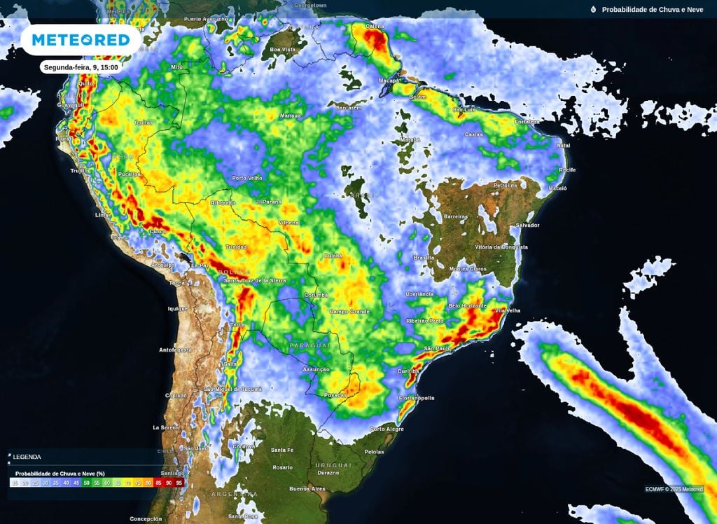 Probabilidade de precipitação para a tarde de segunda-feira (9).