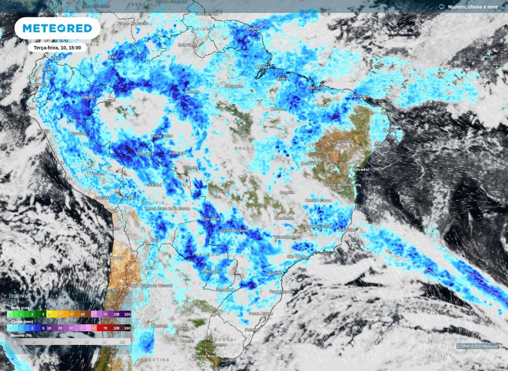 Previsão de chuva e nebulosidade para a tarde de terça-feira (10).