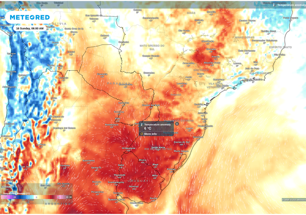 Previsão de anomalia de temperatura neste domingo (16), de acordo com o ECMWF.