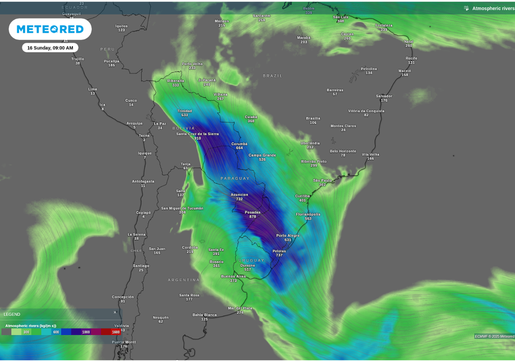Previsão de rio atmosférico neste domingo (16), de acordo com o ECMWF.