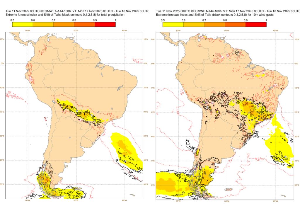 EFI do ECMWF para precipitação (esquerda) e rajada de vento (direita) na próxima segunda-feira (17). Créditos: ECMWF.