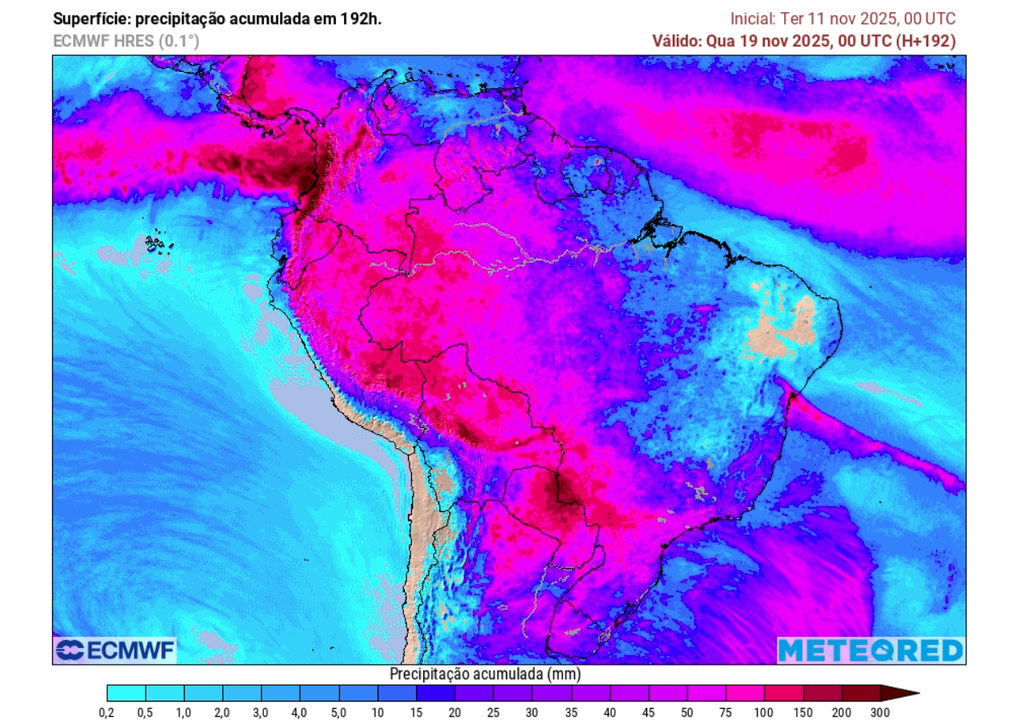 Previsão de chuva acumulada até o final da terça-feira (18), de acordo com o ECMWF.