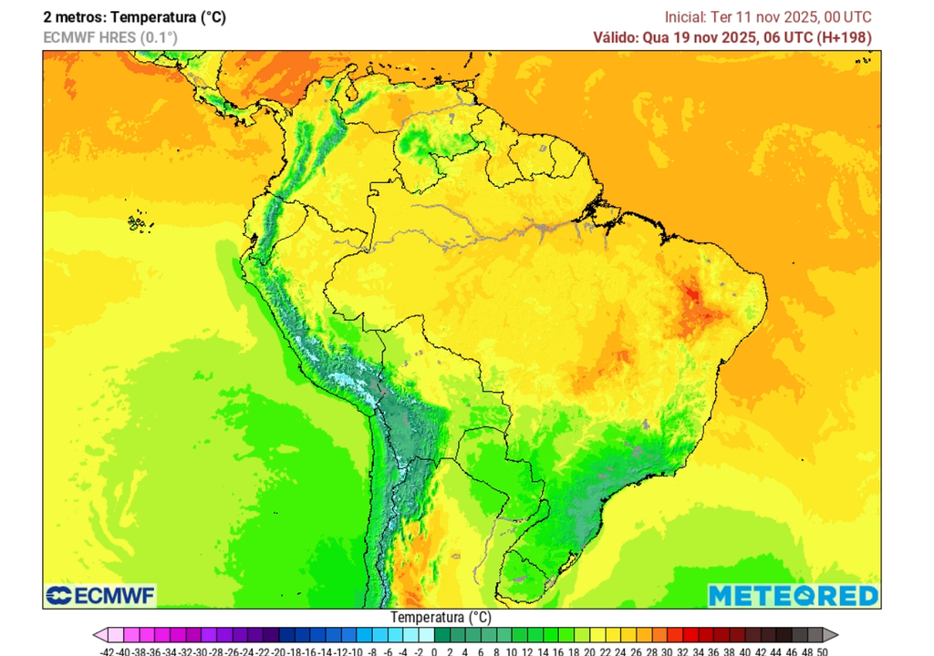 Previsão de temperatura mínima na quarta-feira (18), de acordo com o ECMWF.