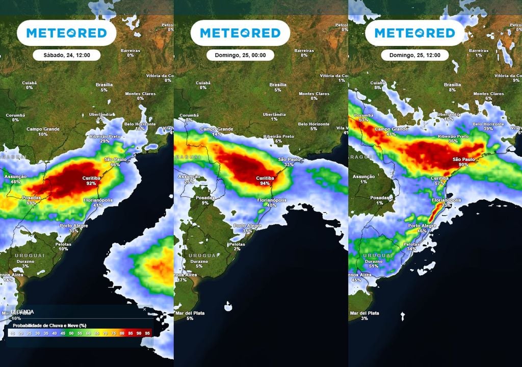 Previsão de evolução de probabilidade de chuva ao longo do final de semana ilustra o avanço da frente fria pelo centro-sul do país, ocasionando a formação de chuvas fortes e tempestades.