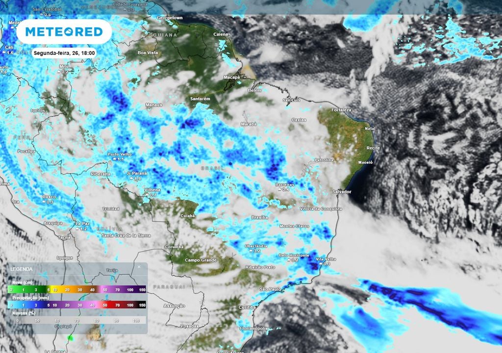 Previsão de nebulosidade e chuva na segunda-feira durante a tarde mostra a formação de pancadas de chuva sobre grande parte do Brasil, incluindo estados do Norte e Nordeste.