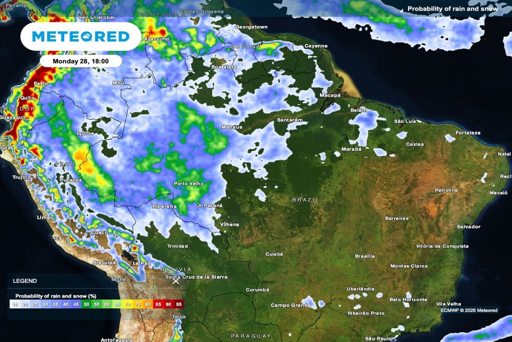 chuva, probabilidade, norte Previsão de probabilidade de chuva para segunda-feira (28), às 18h.