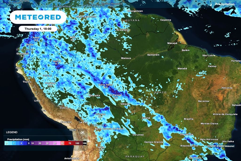 pancadas, chuva, norte, frente fria Previsão de chuva para quinta-feira (1º), às 18h, concentrada no oeste da Região Norte.