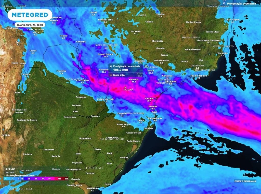 Previsão do acumulado de precipitação (em mm) entre hoje (28) e a quinta-feira (30) à noite (23h), segundo o modelo europeu ECMWF.