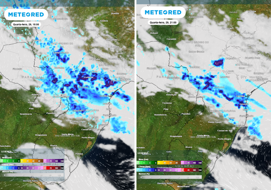 Previsão de precipitação (em mm) e nebulosidade para quarta-feira (29) à tarde (15h) à esquerda e à noite (21h) à direita, segundo o modelo europeu ECMWF.