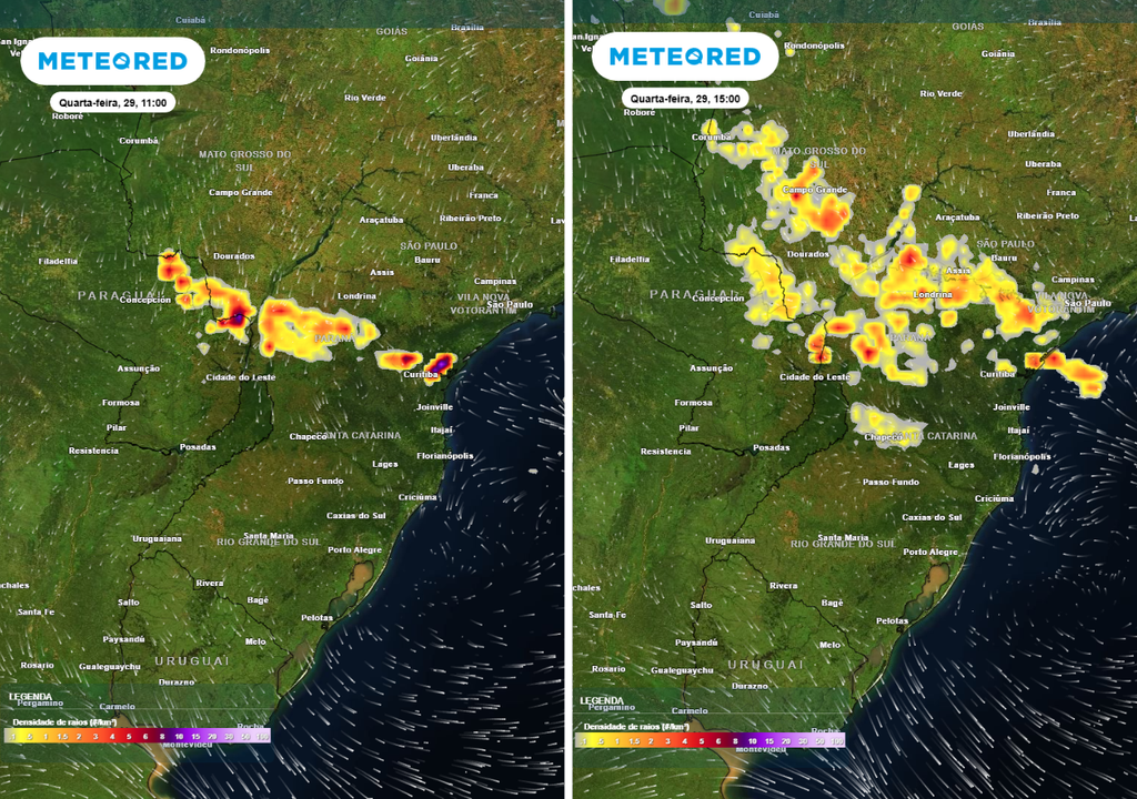 Previsão de densidade de raios para a quarta-feira (29) de manhã (11h) à esquerda e de tarde (15h) à direita, segundo o modelo europeu ECMWF, mostrando as áreas com chance de ocorrência de temporais.
