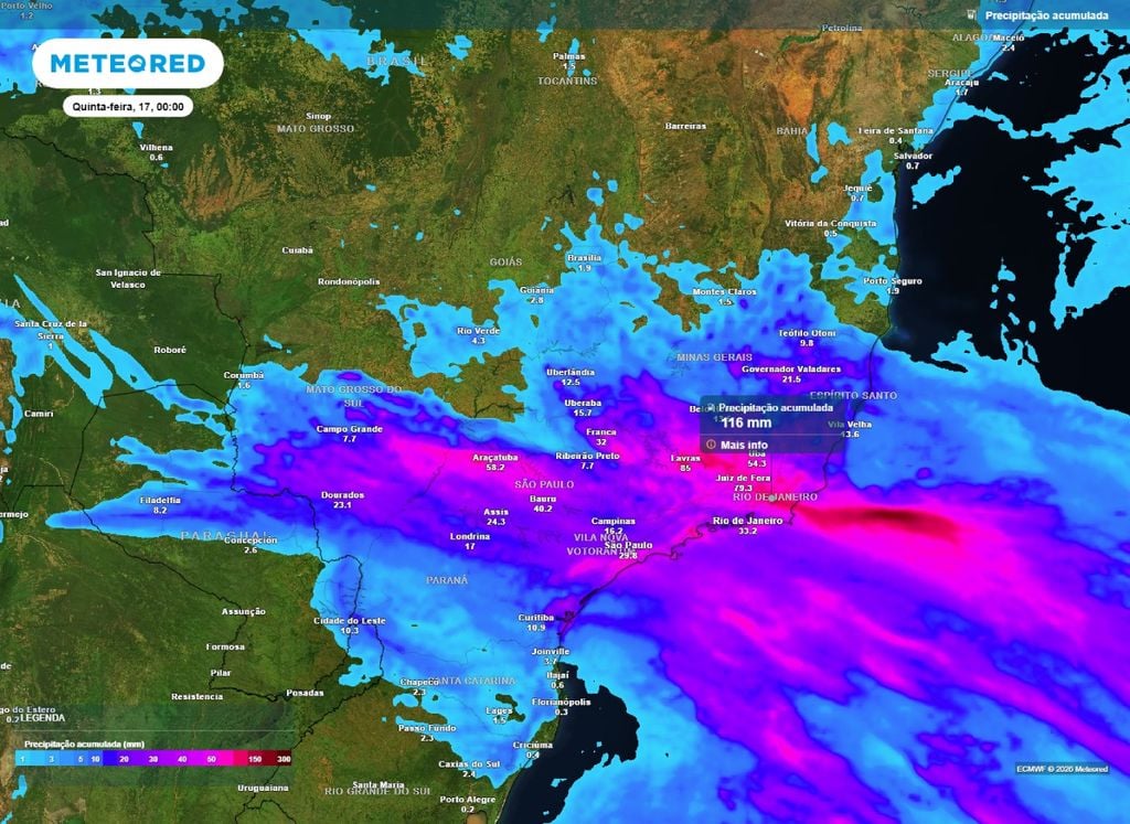 Acumulado de chuva Precipitação acumulada entre terça (15) e o final de quarta-feira (16).