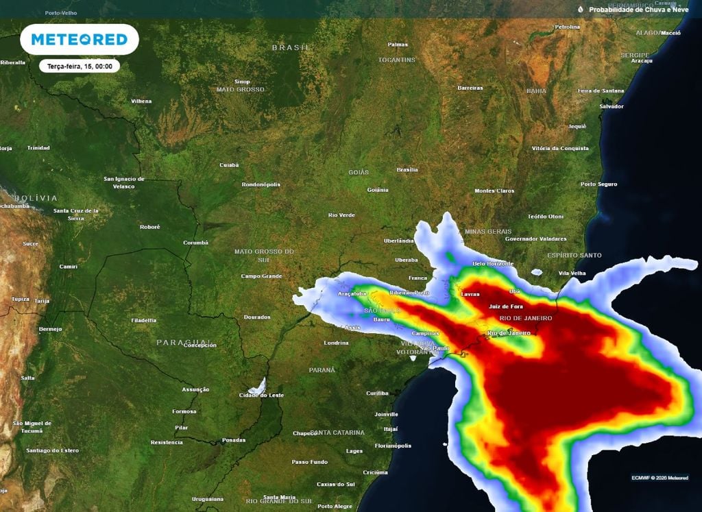 Probabilidade de chuva Chance de chuva prevista para a madrugada desta terça-feira (15), sobre áreas de SP, MG, RJ, ES e MS.