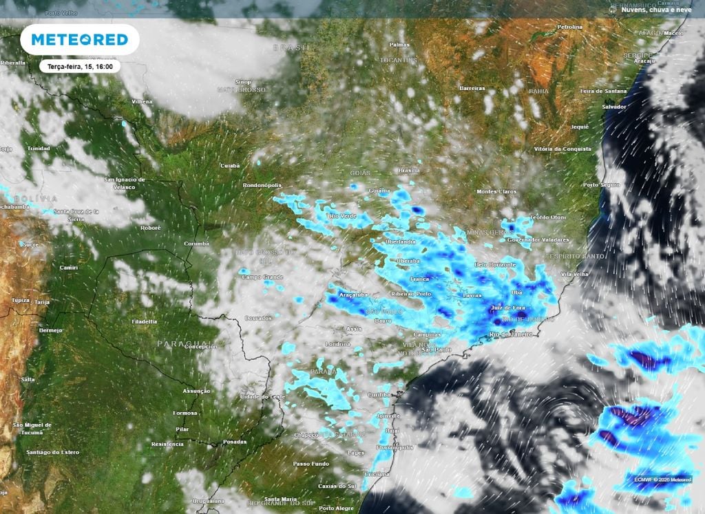 Chuva prevsita terça-feira 915) Previsão de chuva para a tarde desta terça-feira (15), de acordo com o modelo ECMWF.