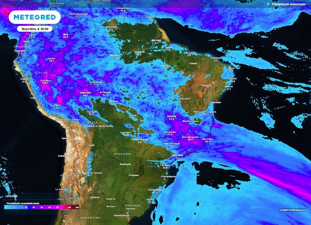 previsão do tempo Acumulado de chuva para a segunda-feira, 7 de setembro.