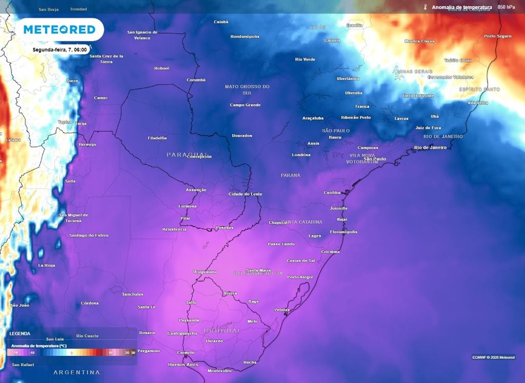 Anomalia de temperatura em 850 hPa. Ar frio com forte intensidade atua sobre o Brasil a partir de sexta-feira (4) e deve permanecer até a próxima semana.