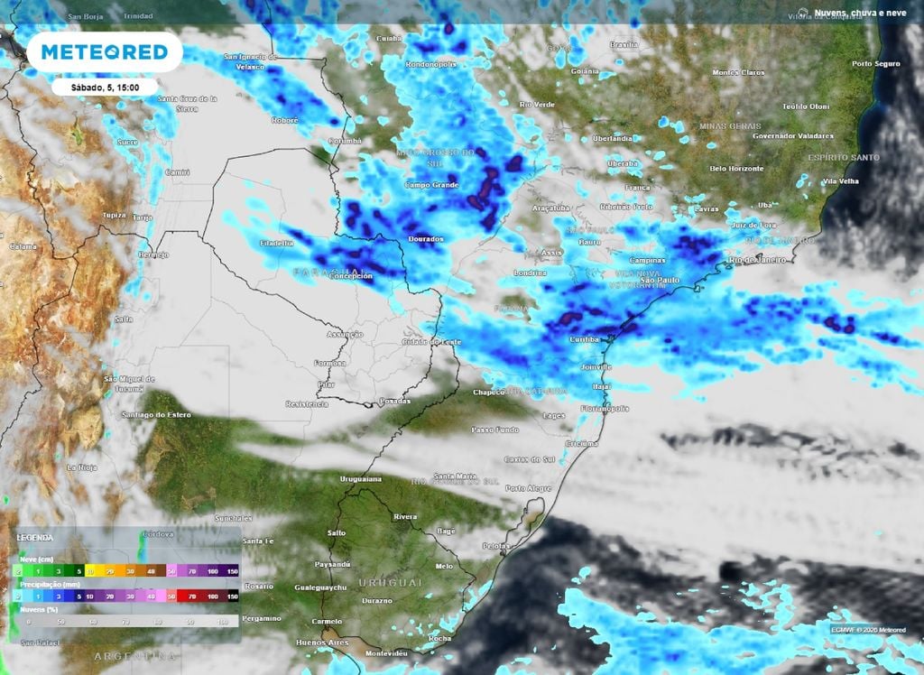 Chuva. Precipitação e nebulosidade prevista para a tarde de sábado (5).