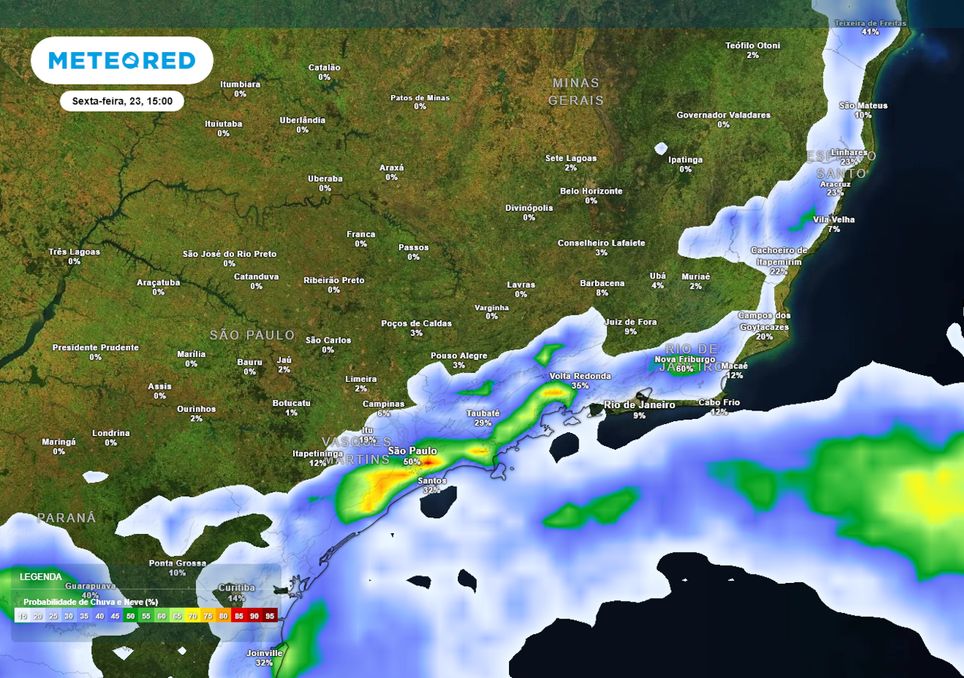 Previsão de probabilidade de chuva na sexta-feira durante a tarde. Previsão de probabilidade de chuva na sexta-feira durante a tarde.