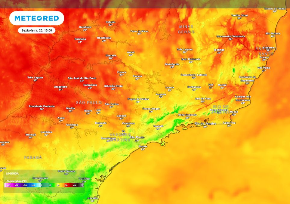 Previsão de temperaturas máximas na sexta-feira durante a tarde. Previsão de temperaturas máximas na sexta-feira durante a tarde.