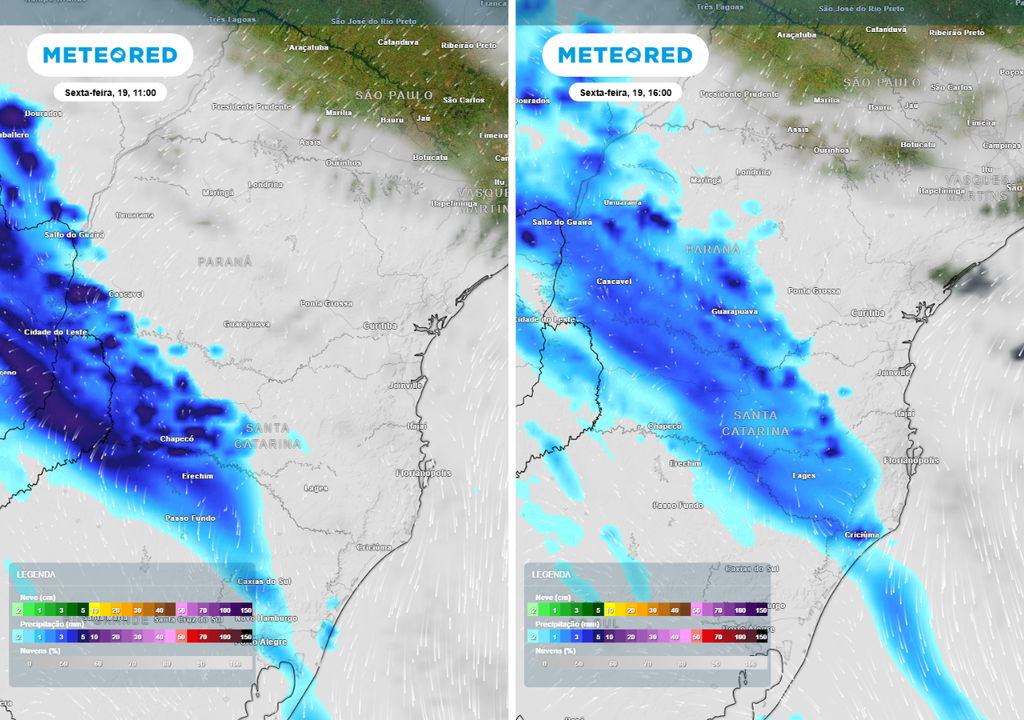 Previsão de precipitação (em mm) e nebulosidade para sexta-feira (19) às 11h à esquerda e às 16h à direita, segundo o modelo europeu ECMWF.