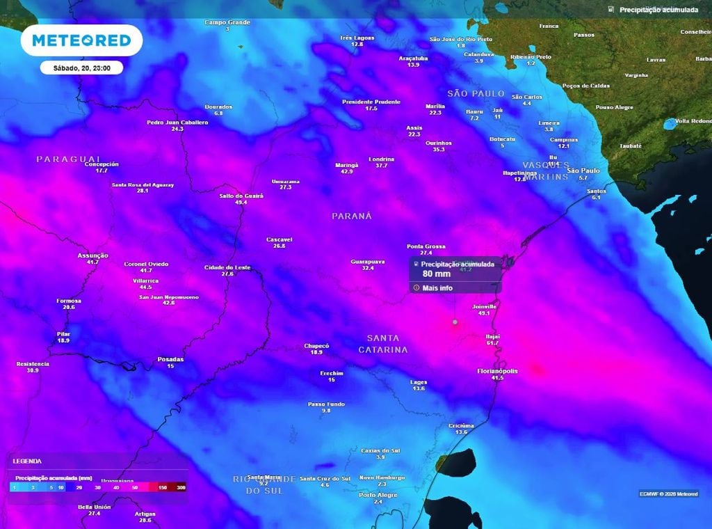 Previsão da precipitação acumulada (em mm) entre hoje (18) e a noite (23h) do sábado (20), segundo o modelo europeu ECMWF.
