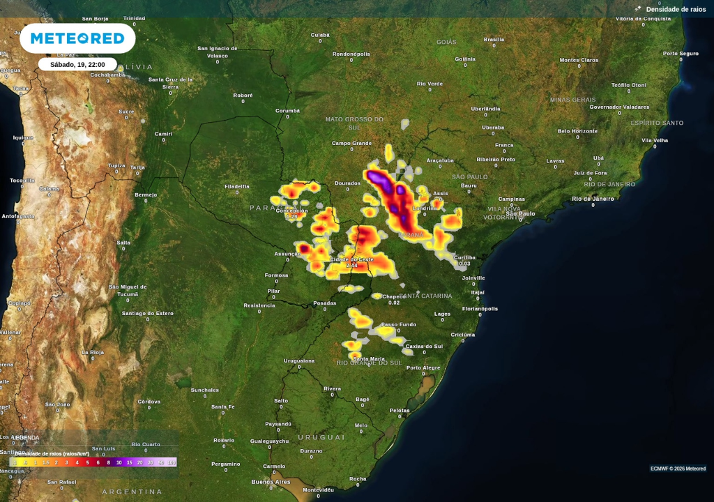 Previsão de tempestades para sábado (19), segundo o ECMWF. Previsão de tempestades para sábado (19), segundo o ECMWF.