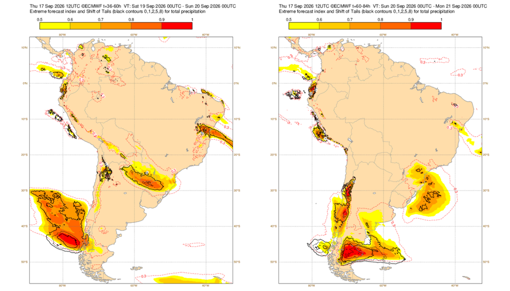 EFI do ECMWF para precipitação neste sábado (18, esquerda) e domingo (19, direita). Créditos: Meteored/ECMWF. EFI do ECMWF para precipitação neste sábado (18, esquerda) e domingo (19, direita). Créditos: Meteored/ECMWF.