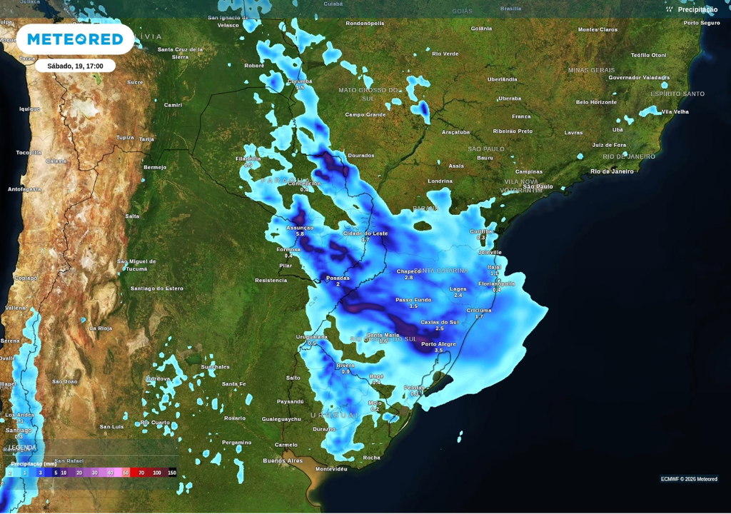 Previsão de chuva para sábado (19), segundo o ECMWF. Previsão de chuva para sábado (19), segundo o ECMWF.