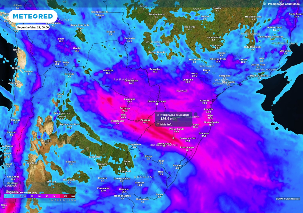 Previsão de chuva acumulada até o final do domingo (20), segundo o ECMWF. Previsão de chuva acumulada até o final do domingo (20), segundo o ECMWF.