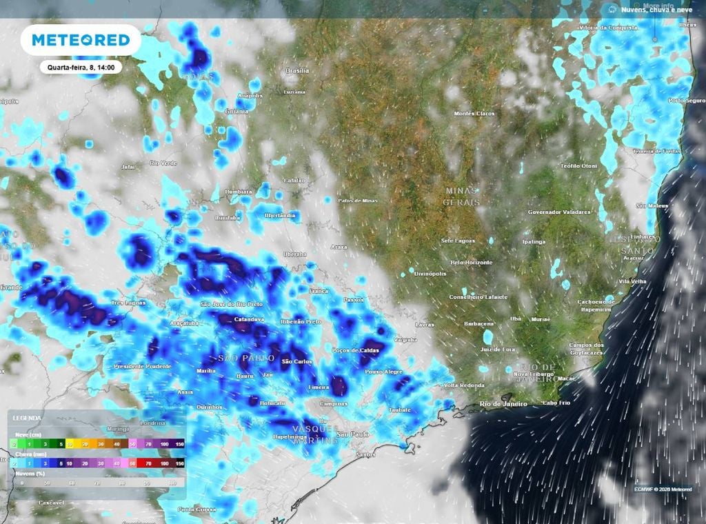 Previsão de precipitação (em mm) e nebulosidade para quarta-feira (8) à tarde (14h), segundo o modelo europeu ECMWF.