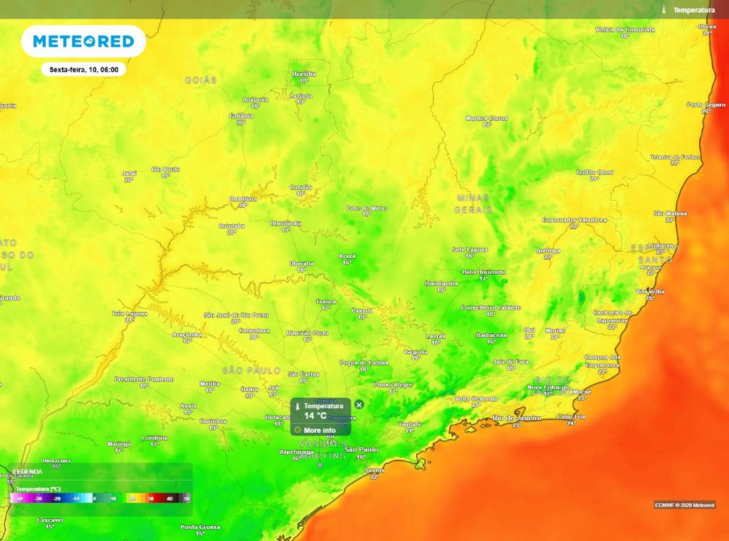 Previsão de temperatura mínima do ar (em °C) para sexta-feira (10) às 6h, segundo o modelo europeu ECMWF.